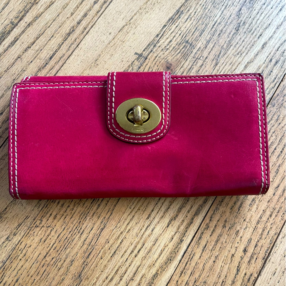 Large Red Coach  leather wallet with tons of storage & toggle closure. Like new